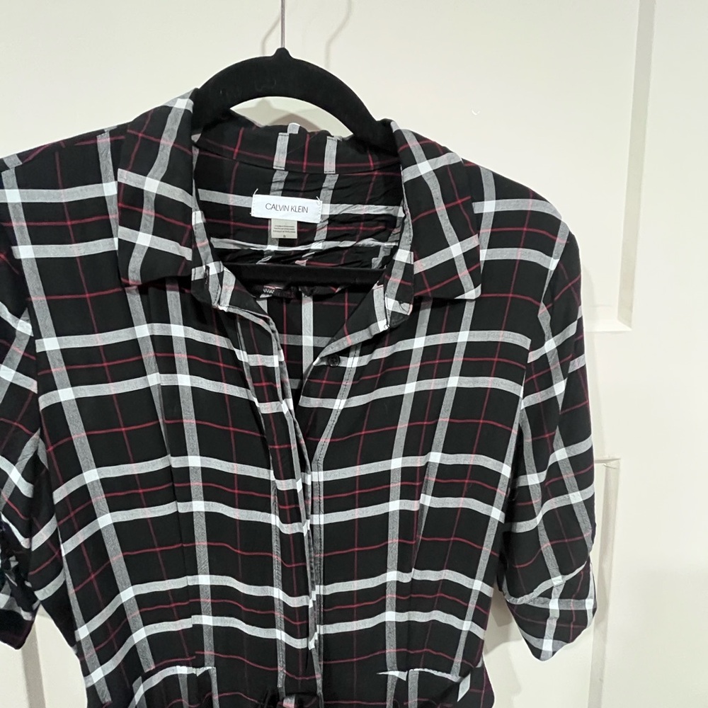 Calvin Klein Black & White Plaid Maxi Shirt Dress with Tie Waist - Picture 4 of 6